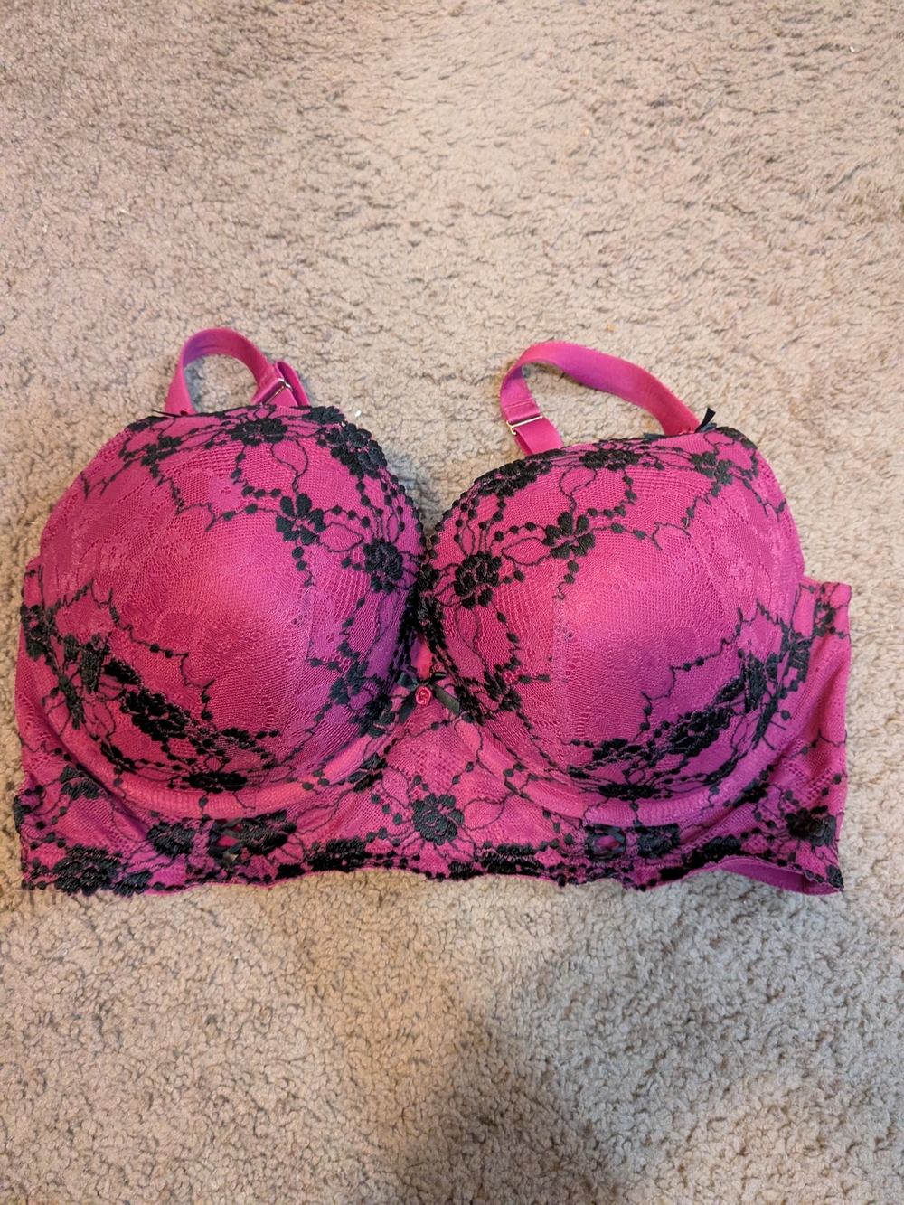 Cacique Burgundy Lace Underwire Bra with Black Floral Overlay